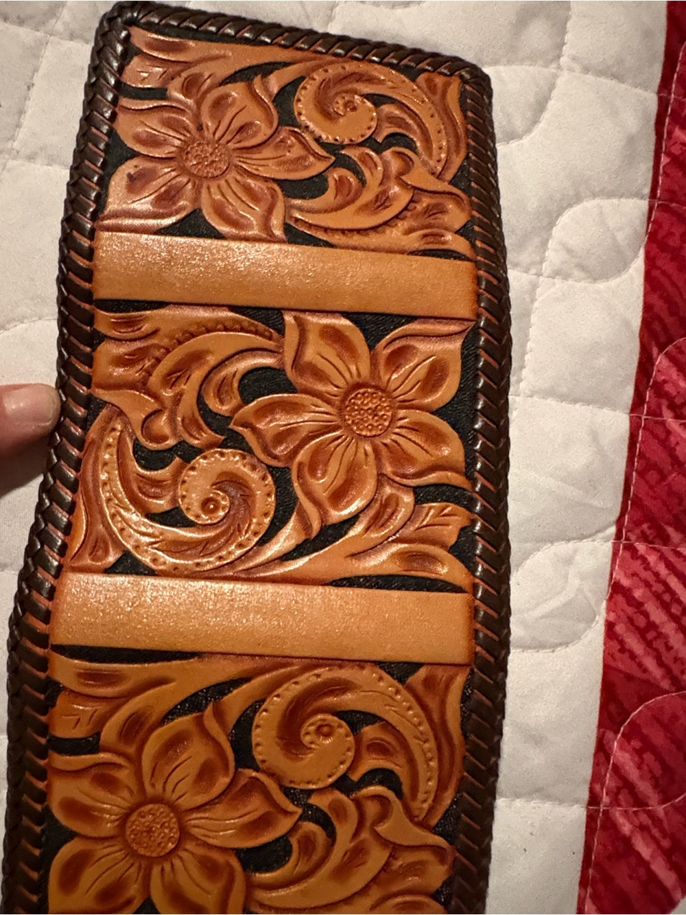 Tooled Floral Leather Wallet - Tan & Black